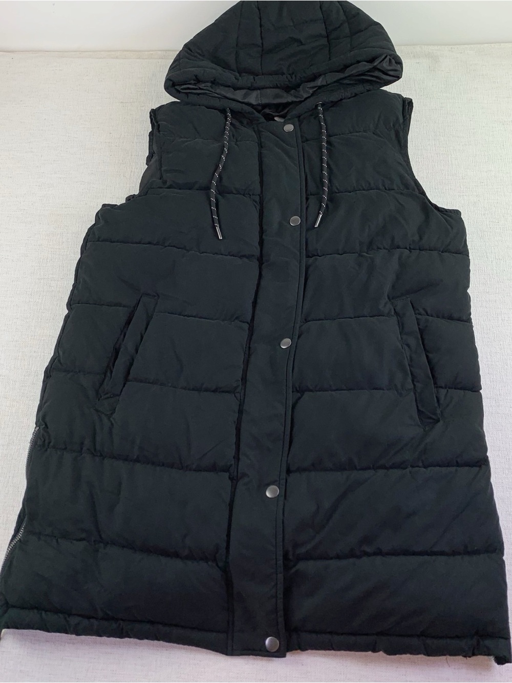 Zella women S long hooded puffer vest in black full zip quilted water resistant - Picture 2 of 16